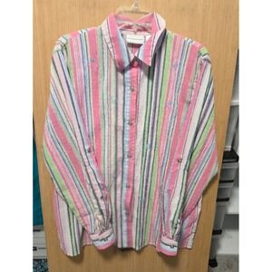 Alfred Dunner Size 16 Ladies Striped Button-Up Top Embroidered Detail Pink Green